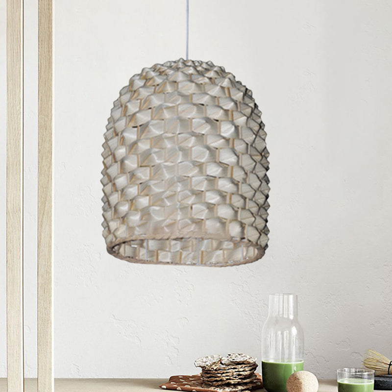 Elongated Dome Pendant Lighting Chinese Bamboo 1 Bulb Ceiling Suspension Lamp in Beige