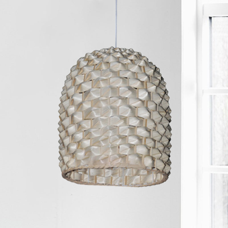 Elongated Dome Pendant Lighting Chinese Bamboo 1 Bulb Ceiling Suspension Lamp in Beige