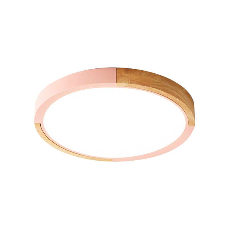 Nordic Style LED Ceiling Flush Black/Pink/White and Wood Splicing Disc Flush Mount Lighting with Acrylic Shade, Warm/White Light