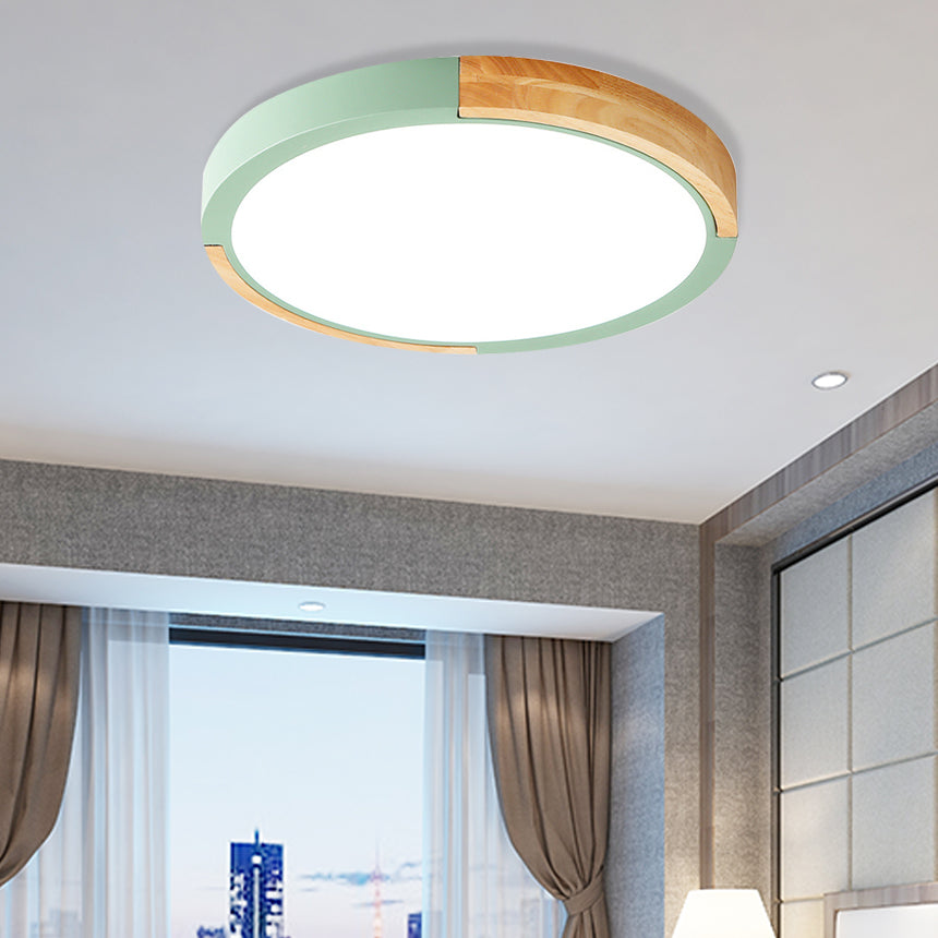 Nordic Style LED Ceiling Flush Black/Pink/White and Wood Splicing Disc Flush Mount Lighting with Acrylic Shade, Warm/White Light