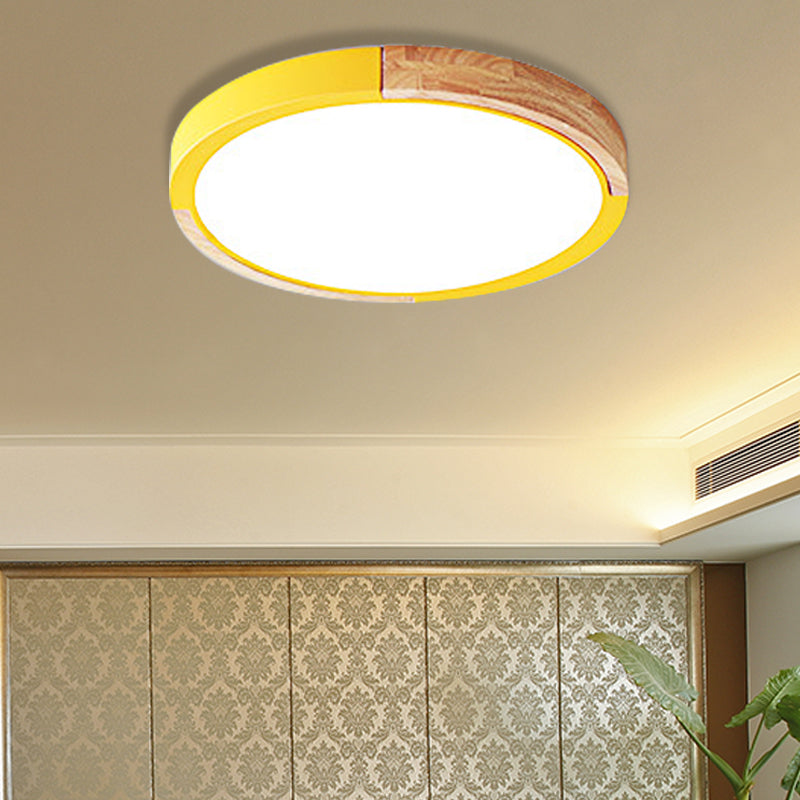 Nordic Style LED Ceiling Flush Black/Pink/White and Wood Splicing Disc Flush Mount Lighting with Acrylic Shade, Warm/White Light