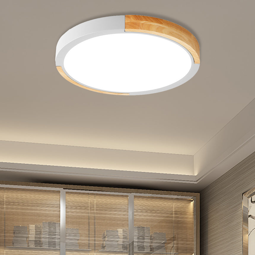 Nordic Style LED Ceiling Flush Black/Pink/White and Wood Splicing Disc Flush Mount Lighting with Acrylic Shade, Warm/White Light