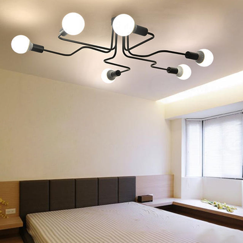 Industrielle Vintage-Deckenleuchte aus lackiertem, halbbündig montiertem, radialem Eisen in Schwarz