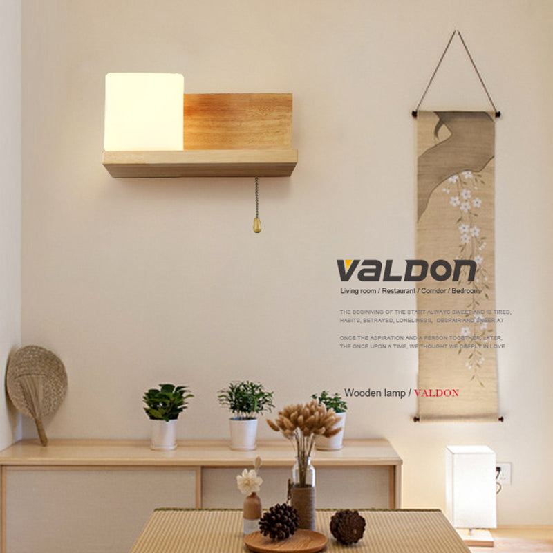 Wooden Single Wall Sconce in Modern Concise Style Glass Rectangular Wall Lamp for Interior Spaces