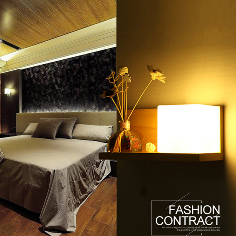 Wooden Single Wall Sconce in Modern Concise Style Glass Rectangular Wall Lamp for Interior Spaces