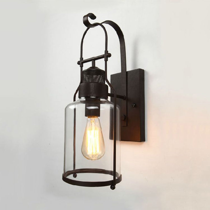 Industrial Retro Single Wall Sconce Wrought Iron Wall Lamp with Clear Glass Shade
