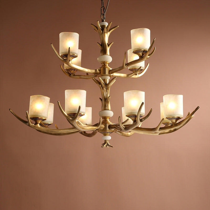 Multi-Head Chandelier Light Fixtures Rustic Antler Chandelier Pendant Lamp with White Glass Shade