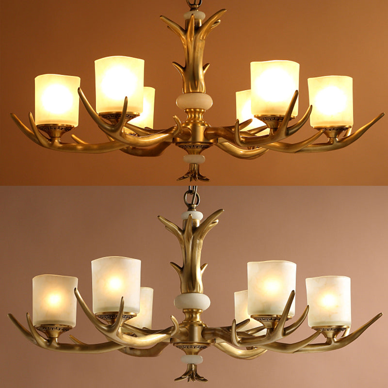 Multi-Head Chandelier Light Fixtures Rustic Antler Chandelier Pendant Lamp with White Glass Shade