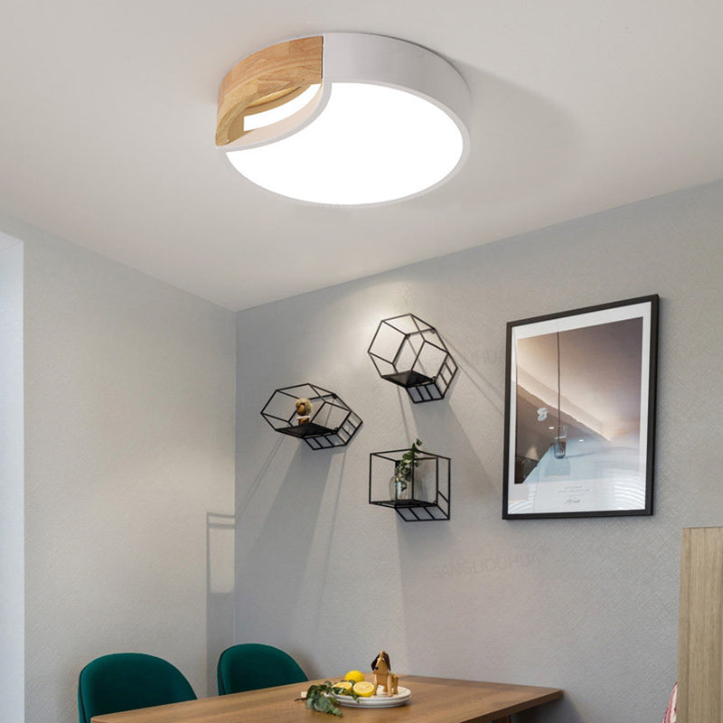 Splicing Rounded Flush Ceiling Light Nordic Iron Grey/White/Green LED Flush Mount in White Light with Wood Grip, 12"/16"/19.5" Wide