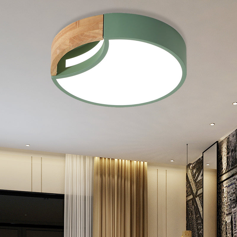 Splicing Rounded Flush Ceiling Light Nordic Iron Grey/White/Green LED Flush Mount in White Light with Wood Grip, 12"/16"/19.5" Wide