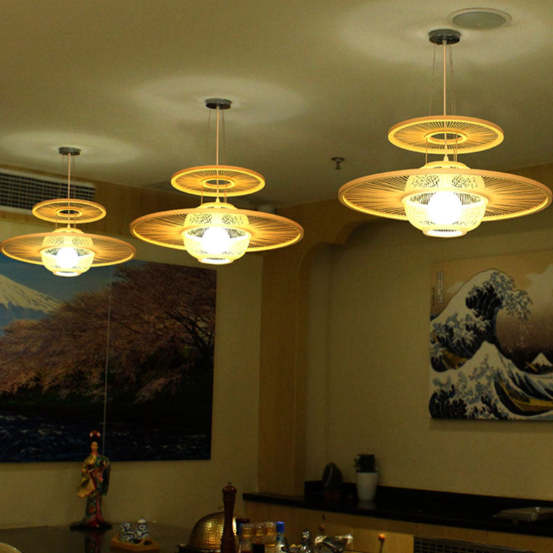 1 Kopfrestaurant Hanging Lampe Asian Beige Decke Anhänger Licht mit runden Bambusschatten