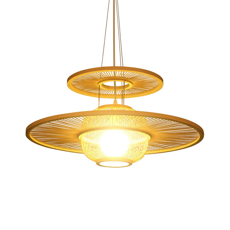 1 Kopfrestaurant Hanging Lampe Asian Beige Decke Anhänger Licht mit runden Bambusschatten