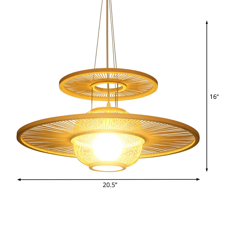 1 Kopfrestaurant Hanging Lampe Asian Beige Decke Anhänger Licht mit runden Bambusschatten