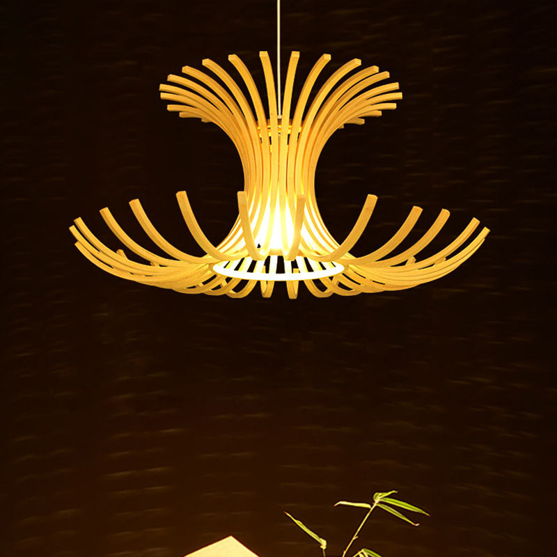 Japanese 1 Head Pendant Light Beige Flared Suspended Lighting Fixture with Bamboo Shade