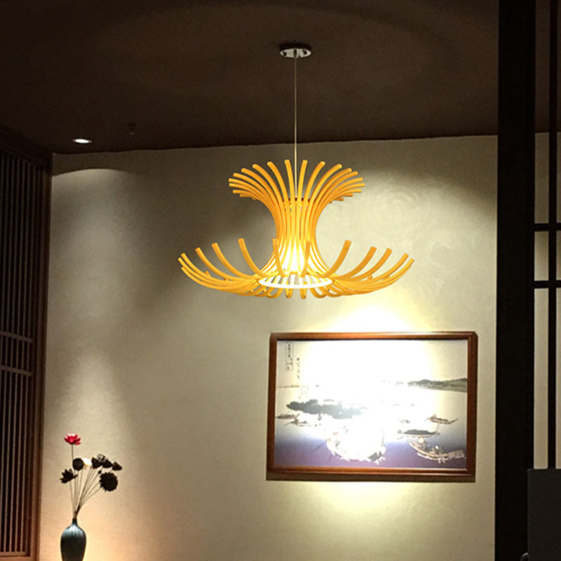 Japanese 1 Head Pendant Light Beige Flared Suspended Lighting Fixture with Bamboo Shade