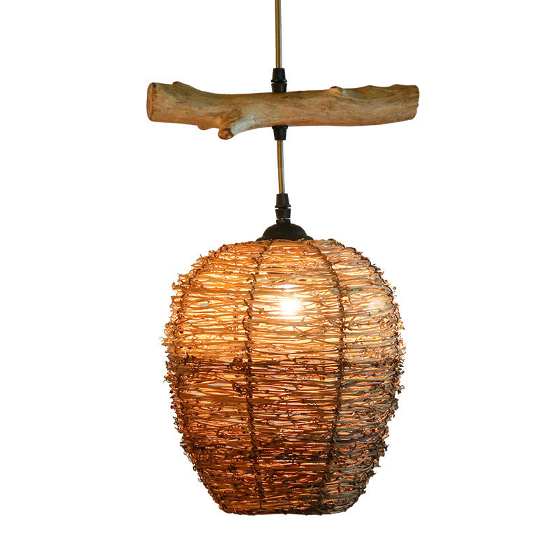 1 Head Restaurant Anhänger Lamp Asia Flaxen Hanging Deckenleuchte mit Urnen Rattan Schatten