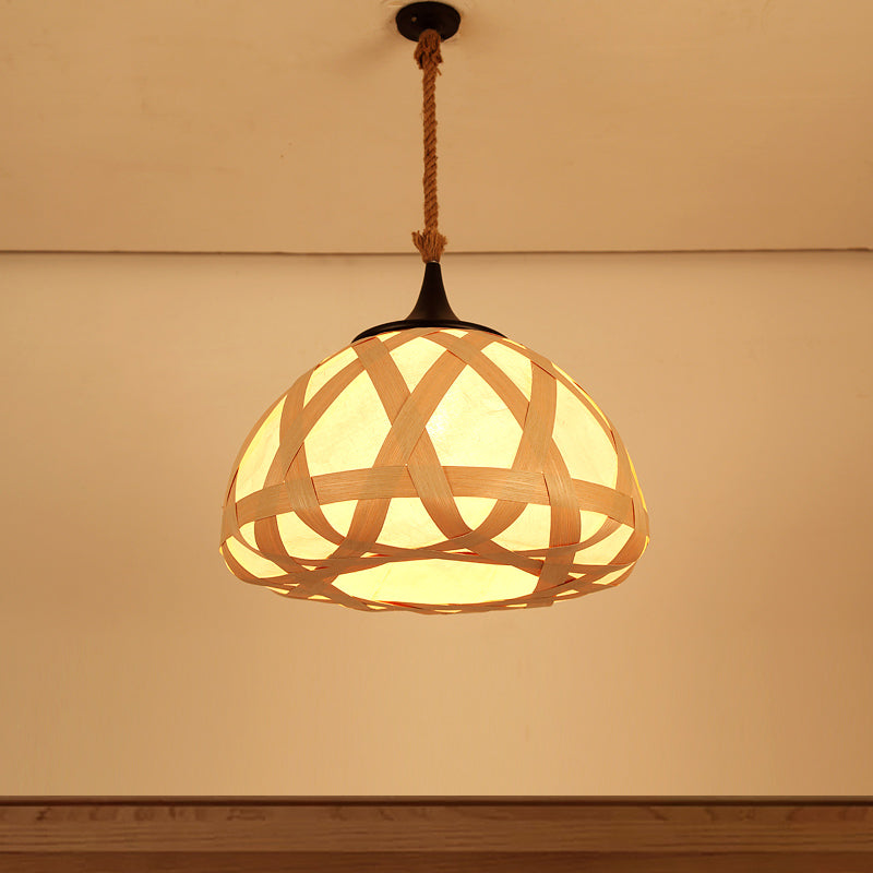Hemisphere Pendant Light Japanese Wood 1 Bulb Suspended Lighting Fixture in Beige