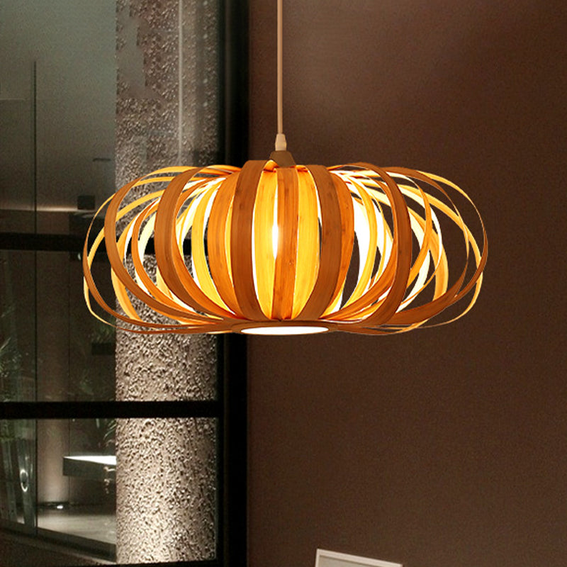 Beige Pumpkin Hanging Light Chinese 1 Head Wood Pendant Lighting Fixture for Restaurant