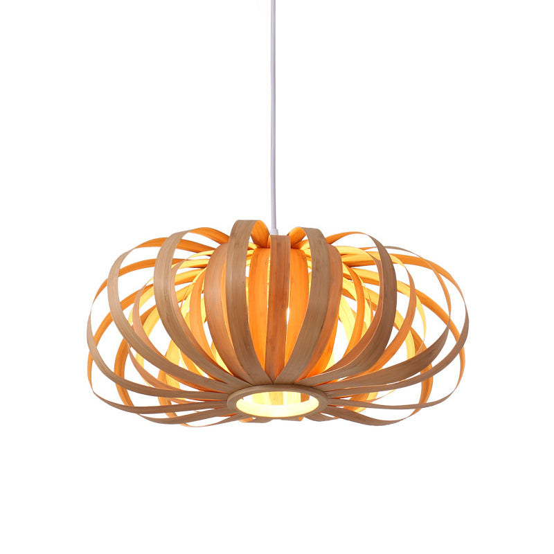 Beige Pumpkin Hanging Light Chinese 1 Head Wood Pendant Lighting Fixture for Restaurant