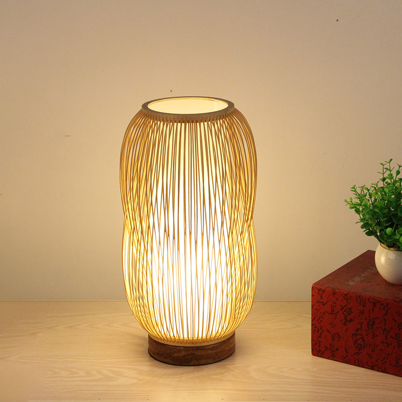 Cylinder Desk Light Chinese Bamboo 1 Bulb Task Lighting in Wood with Circular Wood Base