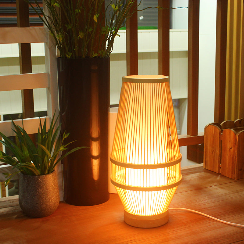 Basket Bamboo Desk Lamp Japanese 1 Head Beige Task Light with Inner White Tubular Shade