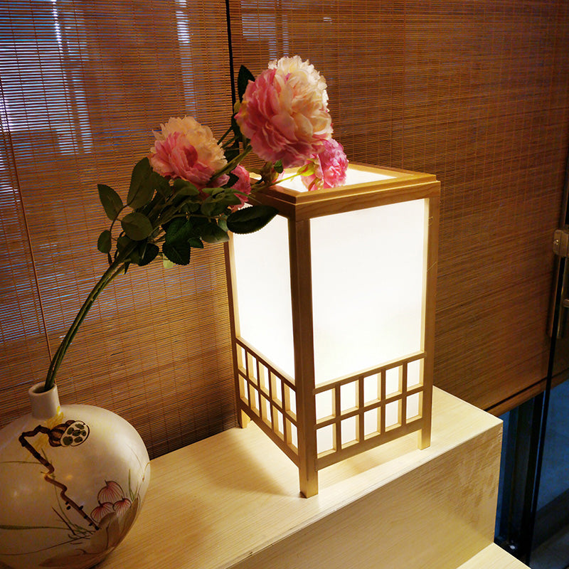 Wood Rectangular Task Light Chinese 1 Bulb Small Desk Lamp in Beige for Restaurant
