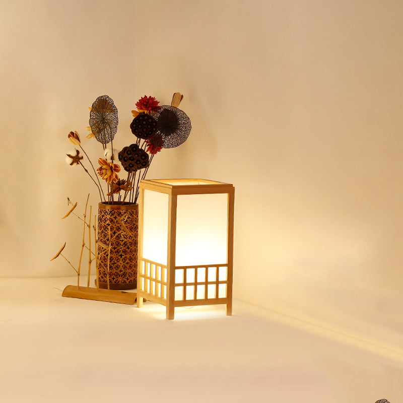 Wood Rectangular Task Light Chinese 1 Bulb Small Desk Lamp in Beige for Restaurant