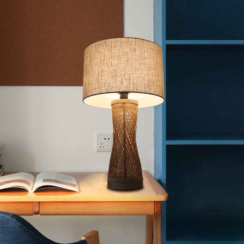 Flaxen Laser Cut Task Light Asian 1 Bulb Bamboo Small Desk Lamp with Drum Fabric Shade