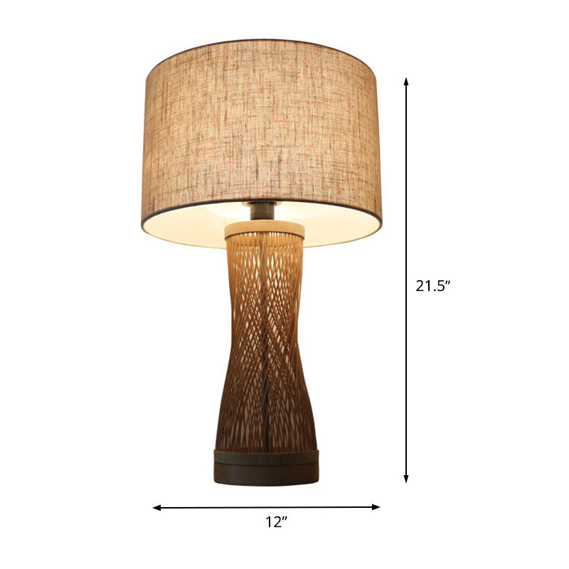 Flaxen Laser Cut Task Light Asian 1 Bulb Bamboo Small Desk Lamp with Drum Fabric Shade