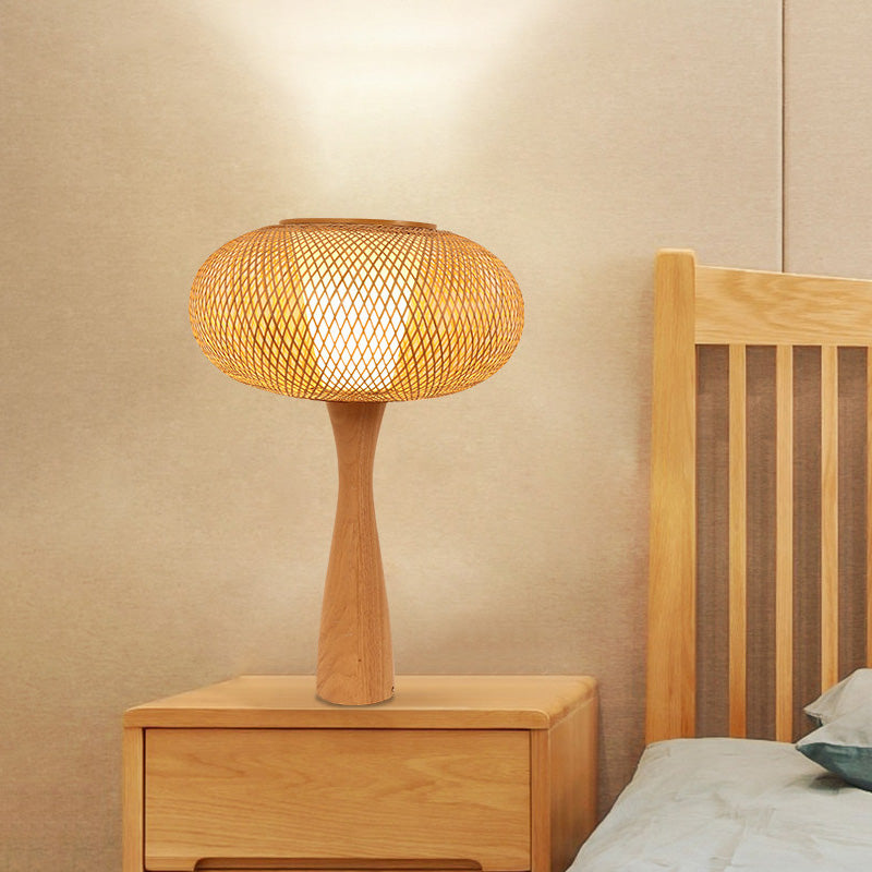 1 tête d'éclairage de tâche artisanal à la main Aian lampe de bureau en bambou en beige avec base en bois évasé