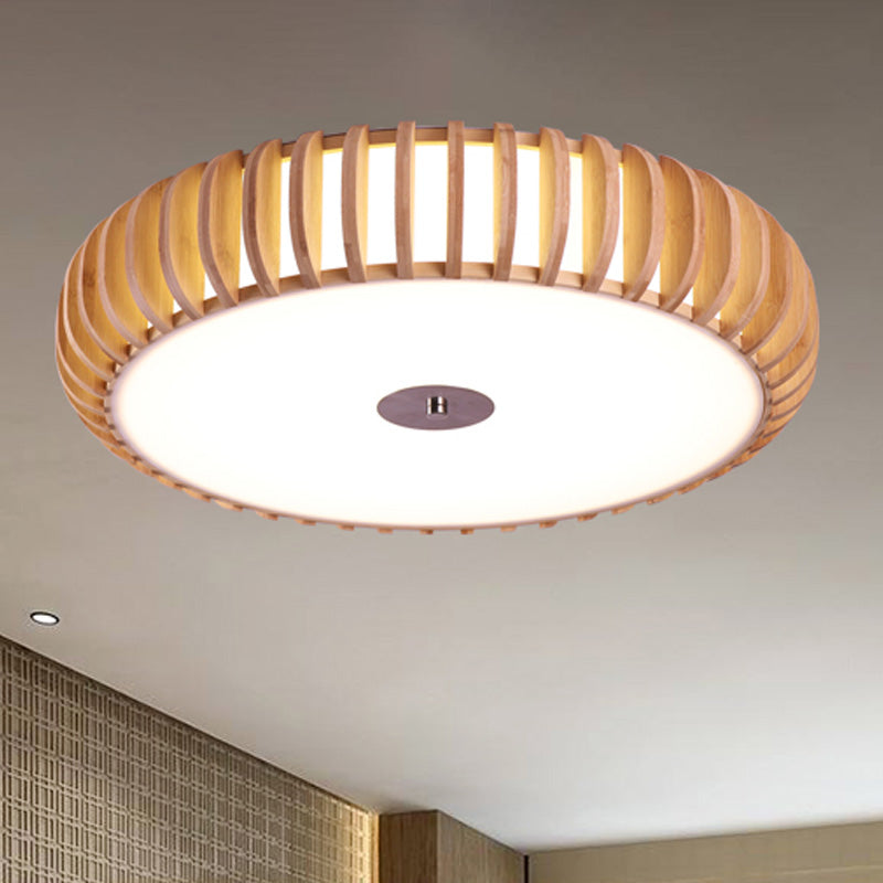 Round Flush Mount Japanese Wood 3 Heads Close to Massimale Lamp in Beige for Living Room