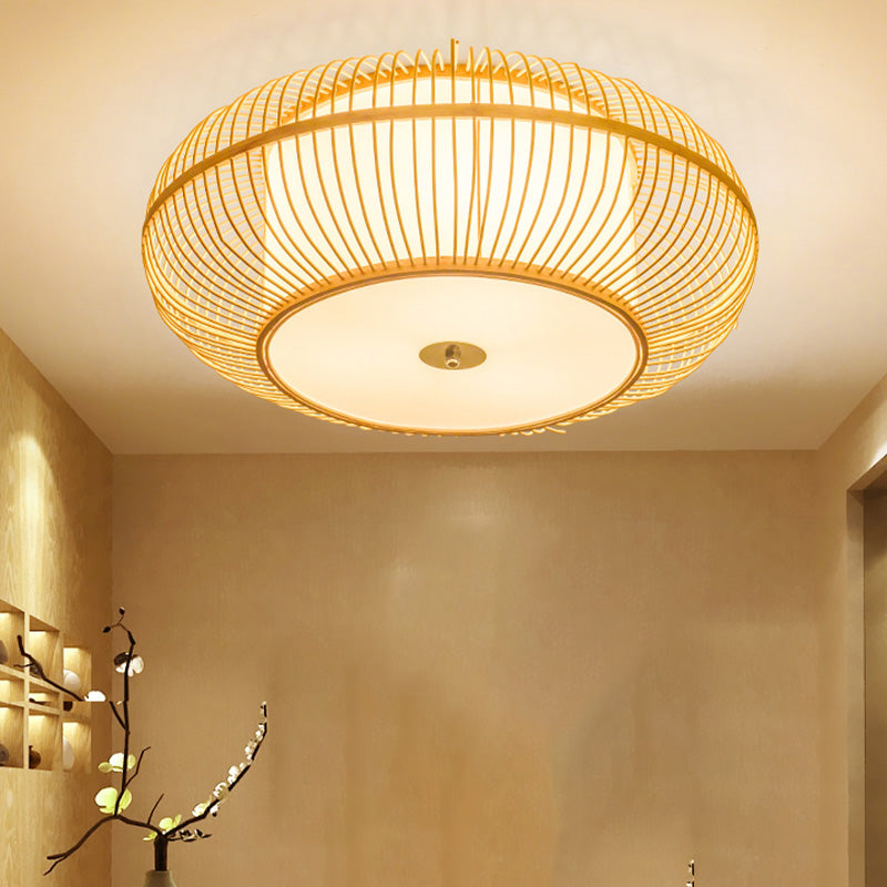 1 Head Bedroom Flush Light Asian Beige Ceiling Mounted Fixture with Donut Bamboo Shade