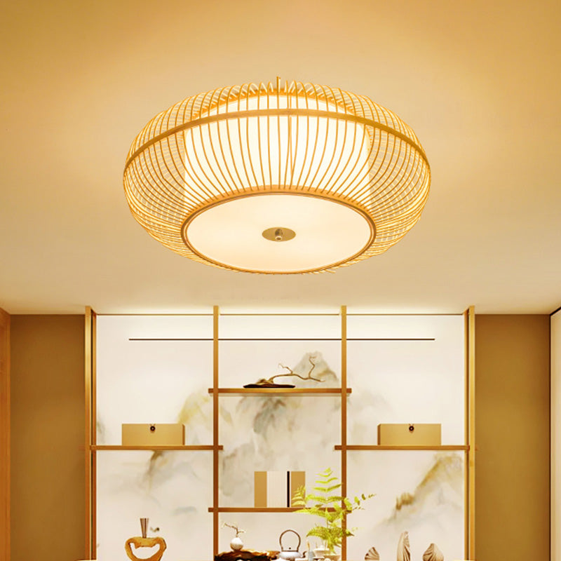 Plafonnier à 1 tête pour chambre à coucher, plafonnier beige asiatique avec abat-jour en bambou donut
