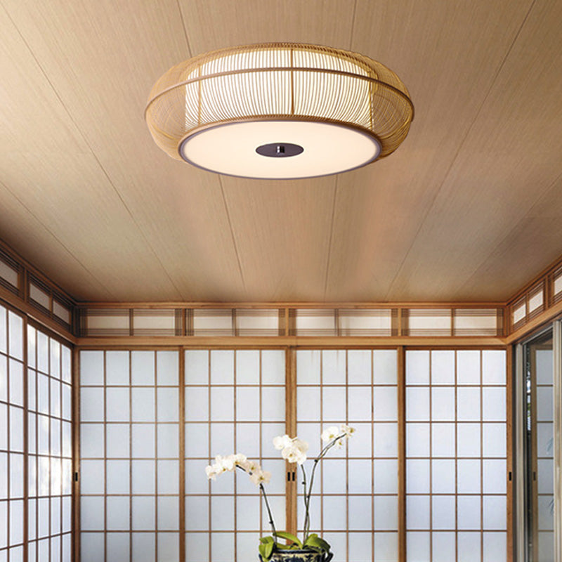 Chinese LED Flushmount Beige Rounded Drum Close to Ceiling Lighting with Bamboo Shade