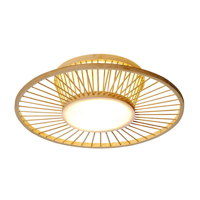 Chinese 1 Head Ceiling Mount Beige Circular Close to Ceiling Lighting with Bamboo Shade