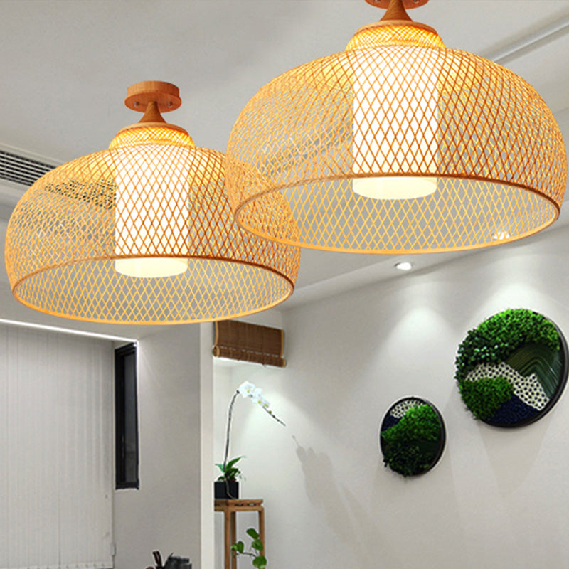Domed Semi Flush Light Asian Bamboo 1 Bulb Wood Ceiling Mounted Fixture with Cylinder White Shade