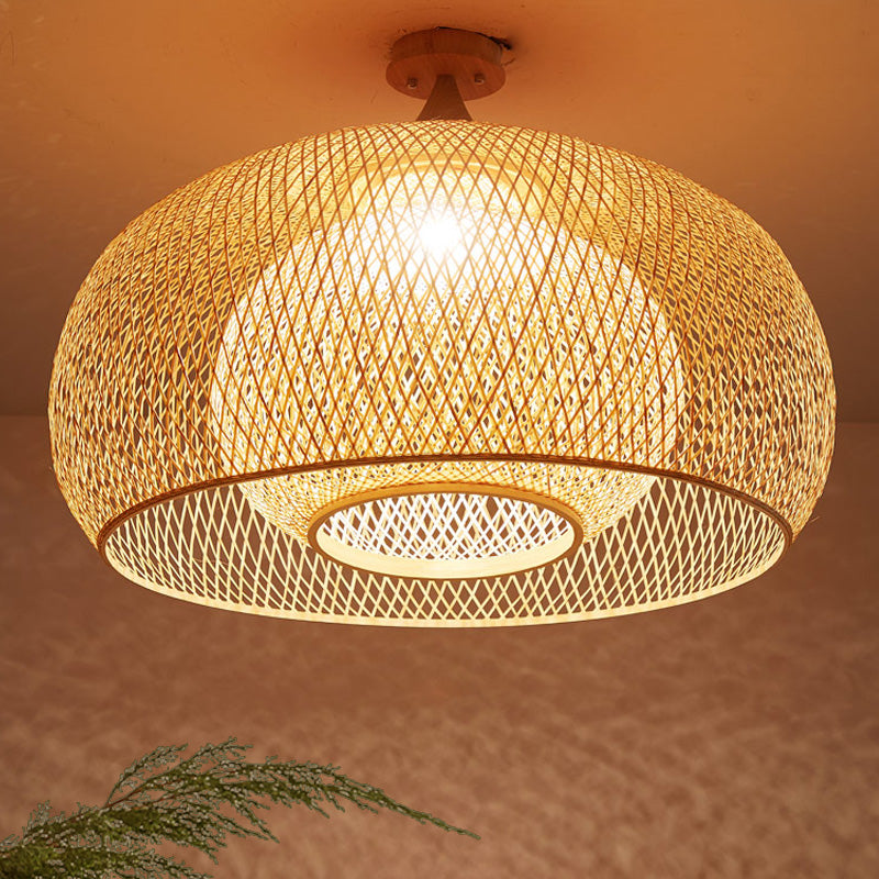 Japanese Hand Woven Semi-Flush Mount Bamboo 1 Head Close to Ceiling Lamp in Wood