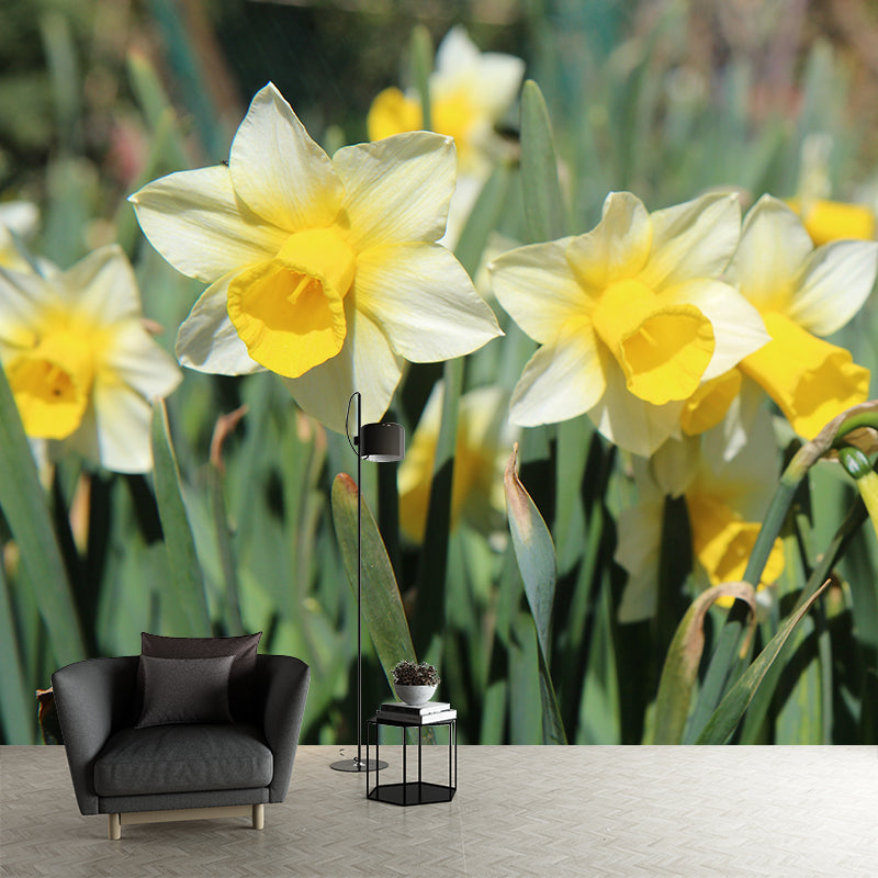 White Daffodil Mural Decal Waterproofing Wall Covering for Living Room, Custom Size
