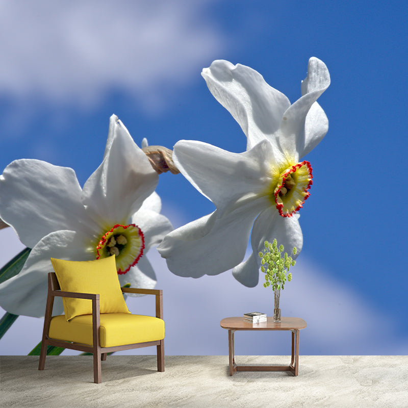 White Daffodil Mural Decal Waterproofing Wall Covering for Living Room, Custom Size