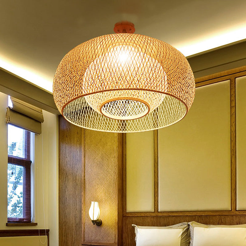 Japanese Hand Woven Semi-Flush Mount Bamboo 1 Head Close to Ceiling Lamp in Wood