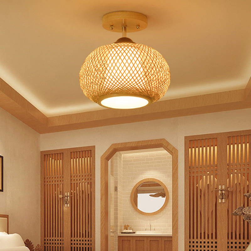 Pompoen Semi-Flush Mount Japanse bamboe 1-hoofd vlas dicht bij plafondverlichting, 14"/16" breed