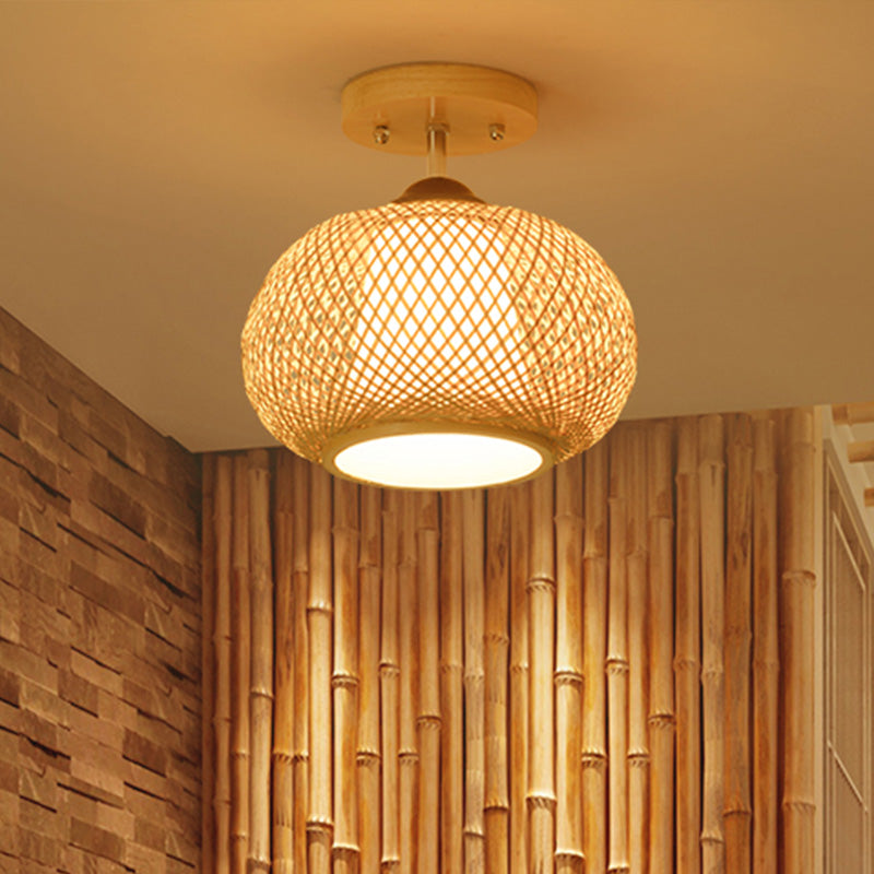 Pompoen Semi-Flush Mount Japanse bamboe 1-hoofd vlas dicht bij plafondverlichting, 14"/16" breed