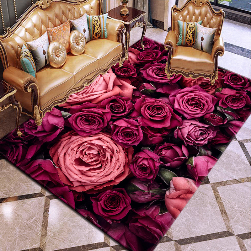 Dark Wine Red Modern Carpet Polyester Flowers Carpet Washable Carpet for Living Room