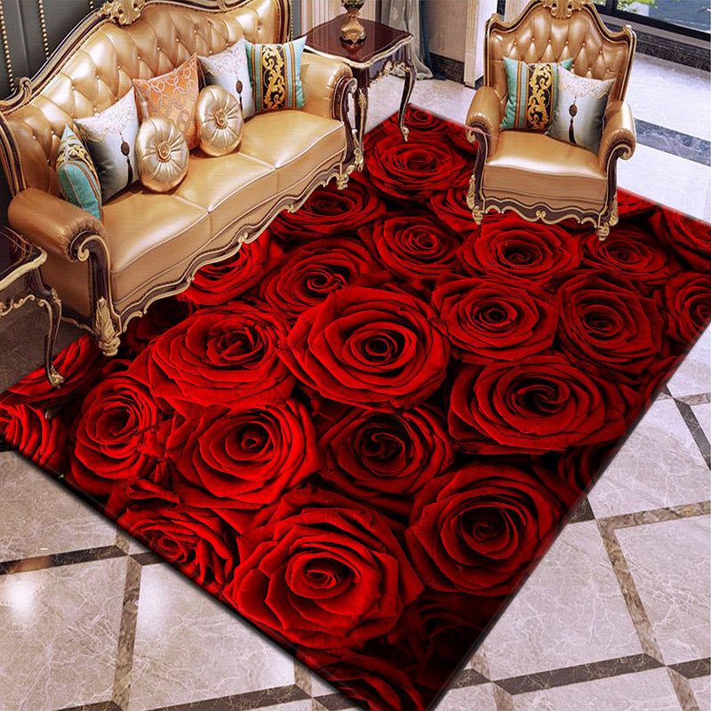 Dark Wine Red Modern Carpet Polyester Flowers Carpet Washable Carpet for Living Room