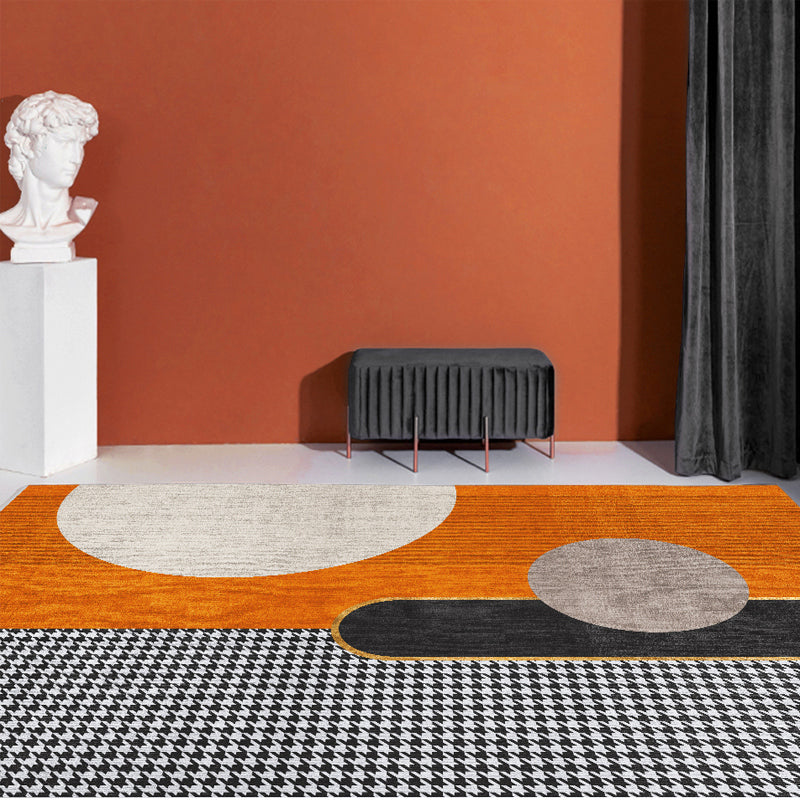 Orange Living Room Area Carpet Geometric Pattern Polyester Area Rug Easy Care Washable Rug