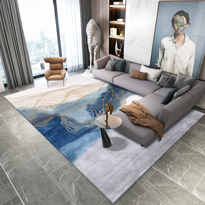 Blue Abstract Pattern Area Carpet Modern Polyester Area Rug Stain Resistant Rug for Living Room