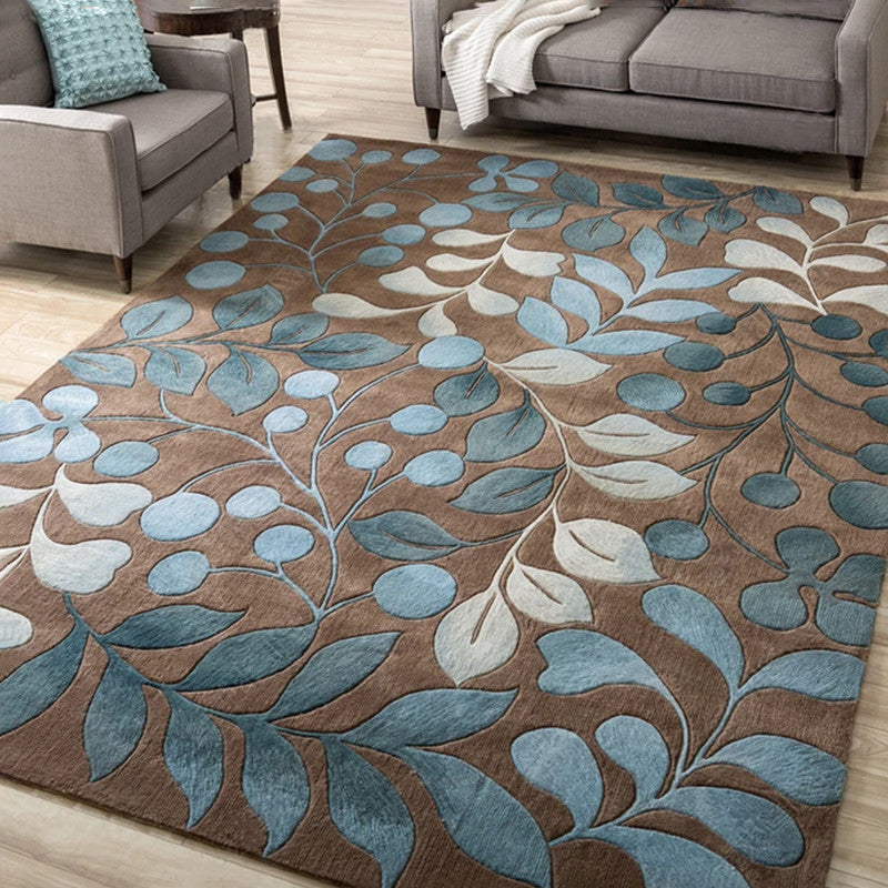 Grey Living Room Area Rug Plant Pattern Polyester Area Carpet Stain Resistant Easy Care Rug