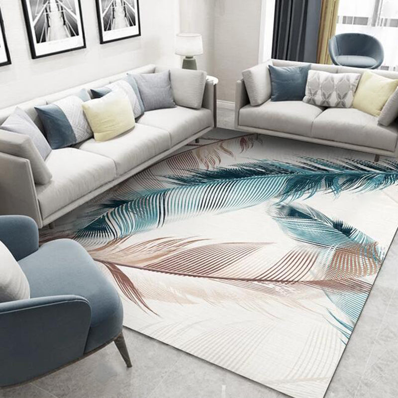Grey Living Room Area Rug Plant Pattern Polyester Area Carpet Stain Resistant Easy Care Rug