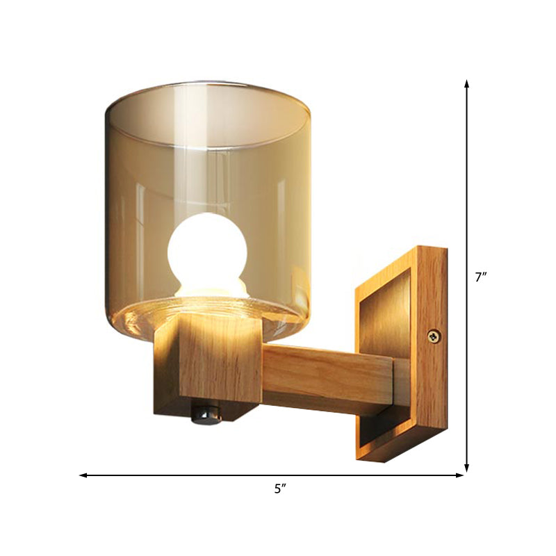Cognac Glass Cylinder Luz de la pared estilo Nordic Style 1 Light Mini Splock Light in Wood