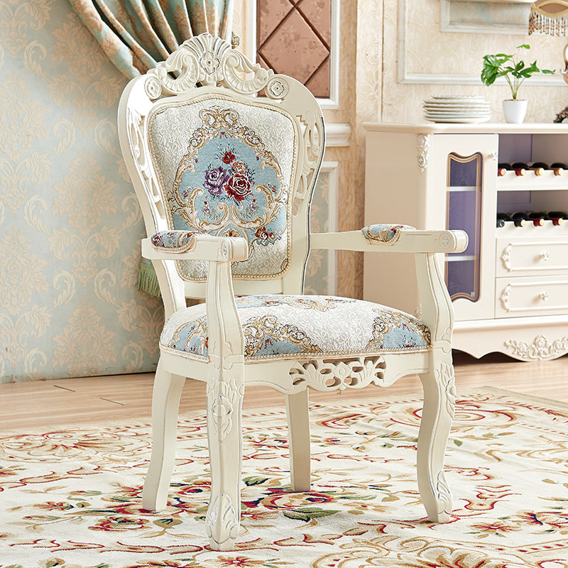 European Style Birch Cotton Arm Chair Light Color Solid Back Dining Chair with White Legs